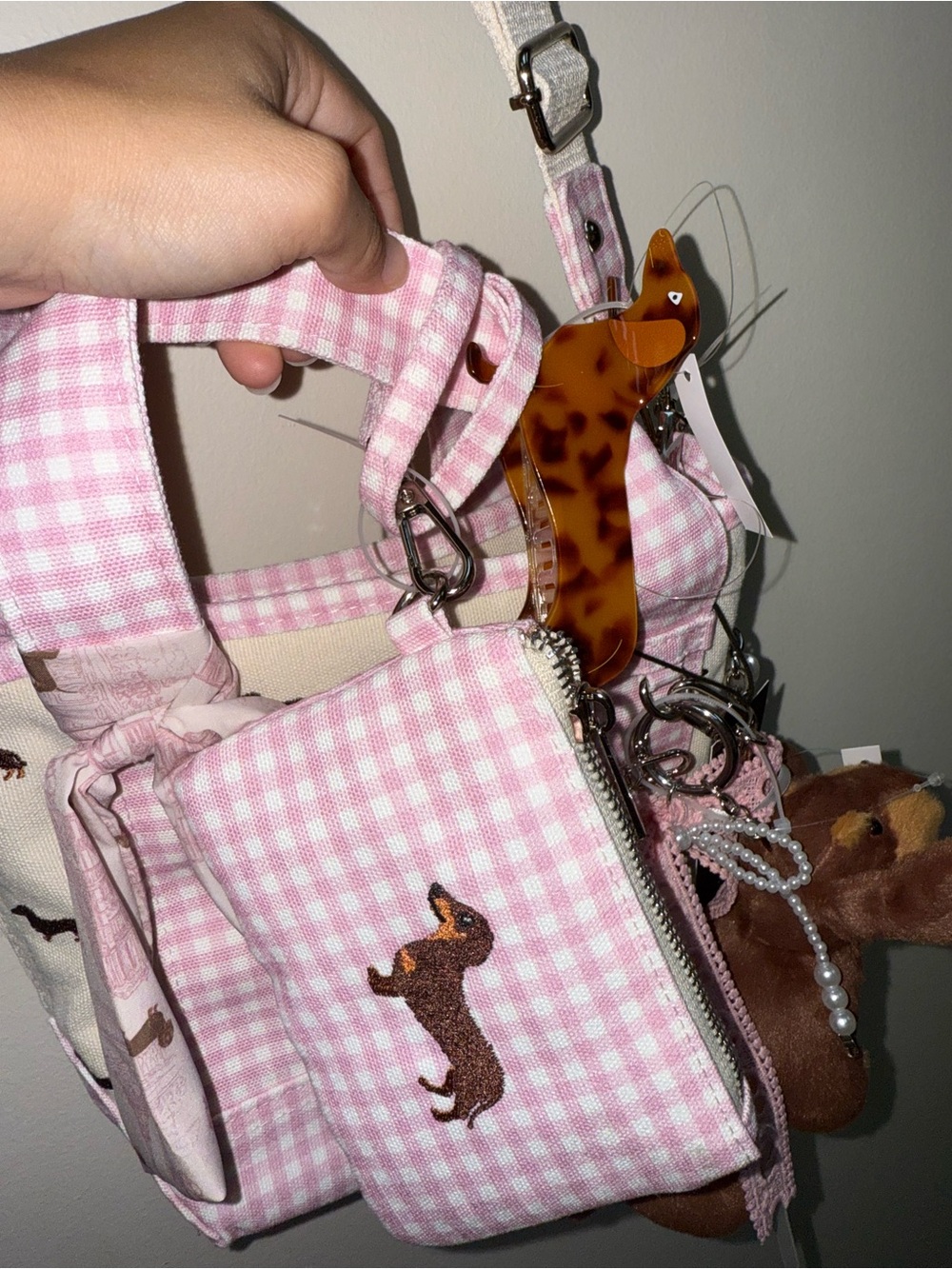Madden Girl Pink Gingham Tote with Dachshund Embroidery and Charm - Picture 3 of 5